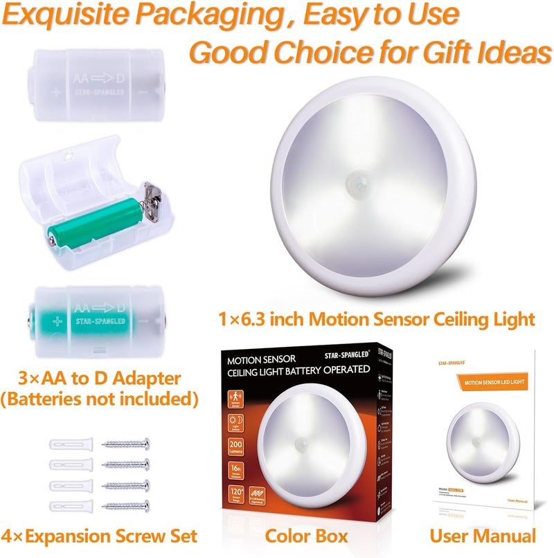 STAR-SPANGLED 6.3” Motion Sensor Ceiling Light Indoor AA or D-Cell Battery Operated for Hallway, Stairs, Basement, Garage, Laundry Area, Closet, Natural White, AA to D Battery Adapters Included - Image 2